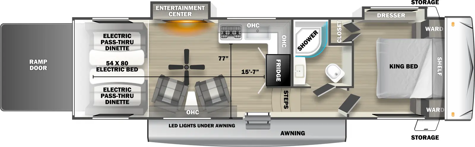 The 2800SLTfifth wheel has 2 slide outs on the off-door side, 1 entry door and 1 rear ramp door. Exterior features include an awning with LED lights and front opposing side storage access. Interior layout from front to back includes front bedroom with foot-facing King bed, shelf over the bed, front corner wardrobes, front facing closet and off-door side slideout holding a dresser; off-door side bathroom with radius shower, toilet and single sink vanity; 3 steps down into the kitchen area with off-door side L-shaped countertop, stovetop, L-Shaped overhead cabinets, sink and rear facing refrigerator; 2 door side recliners with end table; ceiling fan; off-door side slideout holding and entertainment center; and rear 54 x 80 electric bed over electric pass-through dinette. Cargo length from rear of unit to refrigerator is 15 ft. 7 in. Cargo width from countertop to door side wall is 77 inches.